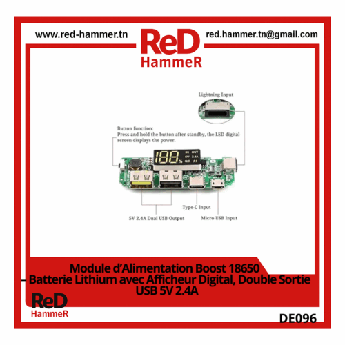 Module d’Alimentation Boost 18650 – Batterie Lithium avec Afficheur Digital, Double Sortie USB 5V 2.4A